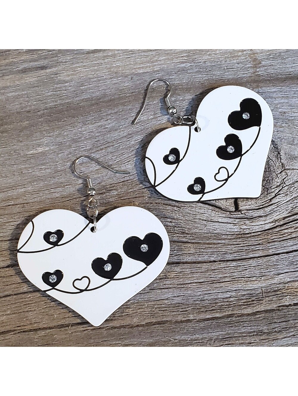 Vintage Y2K White Black Lucite Austrian Crystal Big Little Hearts Earrings